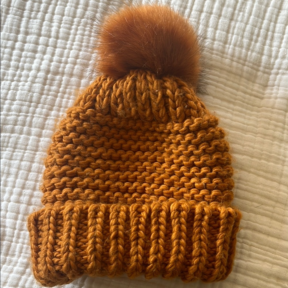 Free People Orange Knit Hat with Pom Pom